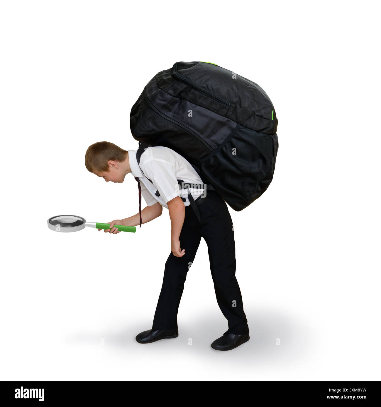 schoolboy carries a backpack and magnifying glass Stock Photo