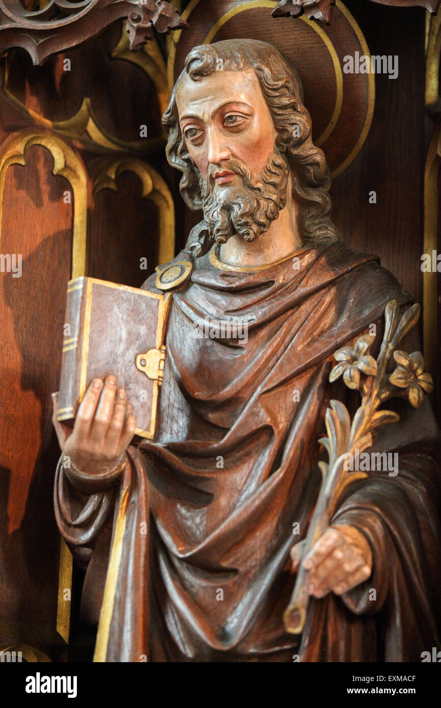 Wooden Statue of Saint Joseph in the Church of Haacht, Belgium. Stock Photo
