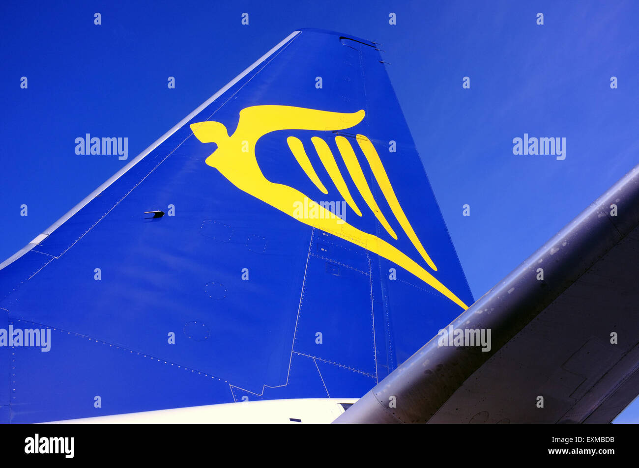 The tail of a Ryan Air plane at Gatwick Airport. Stock Photo