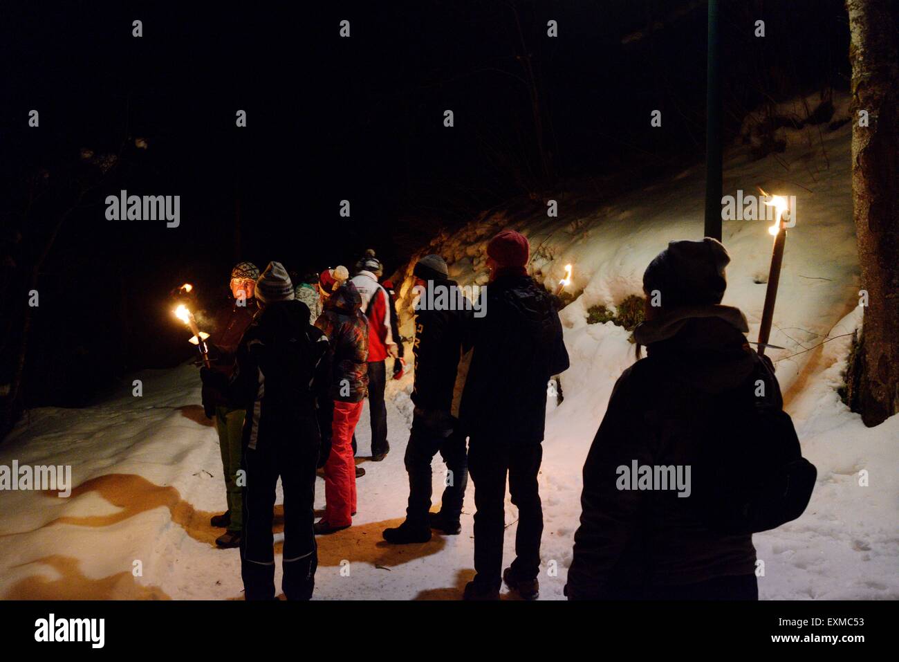Night walk with flame lit torches, Schladming,Styria,Austria,Alps,Skiing Stock Photo