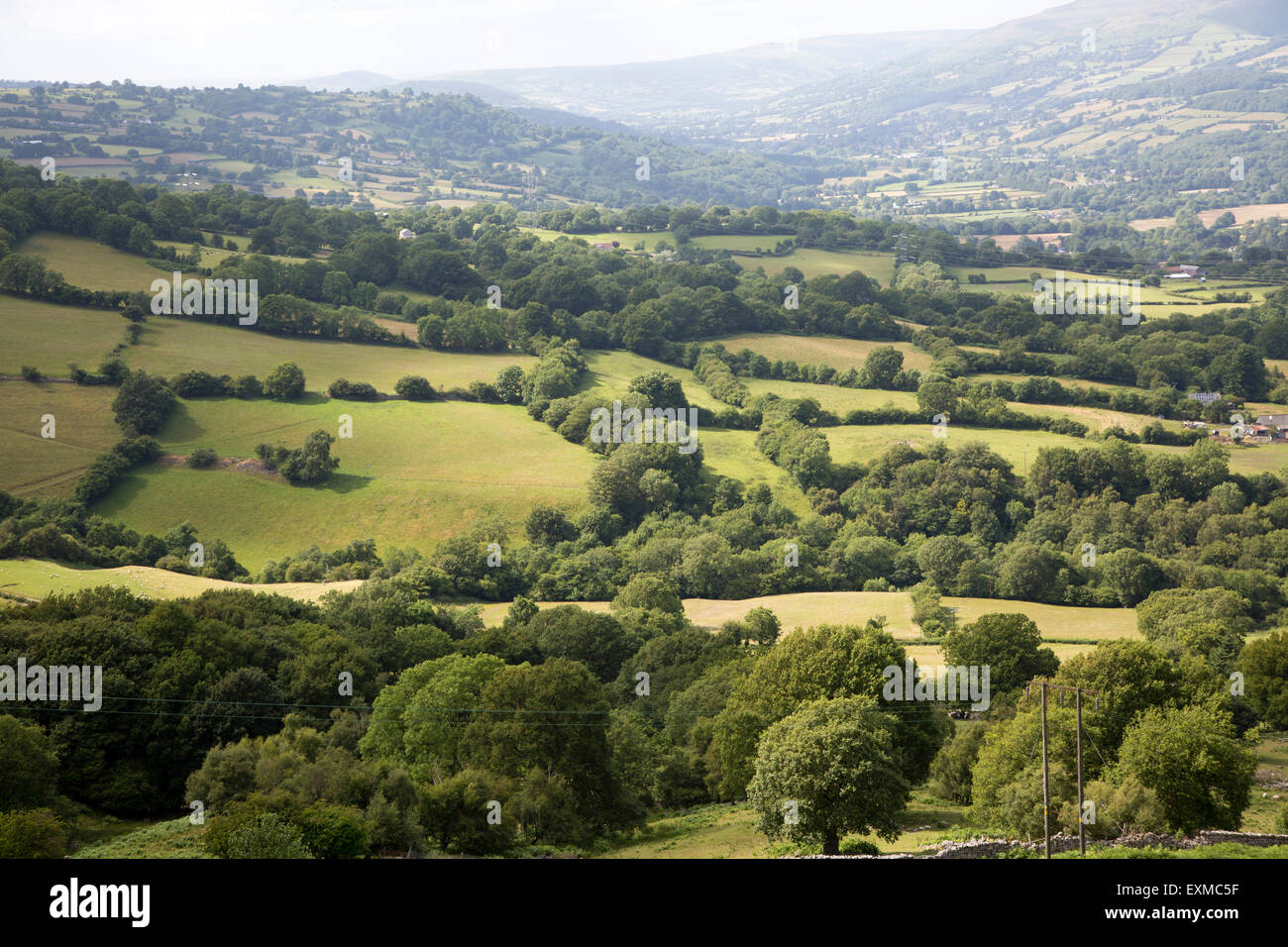 Usk valley landscape looking west from B4246 road, near Abergavenny, Monmouthshire, Wales, UK Stock Photo