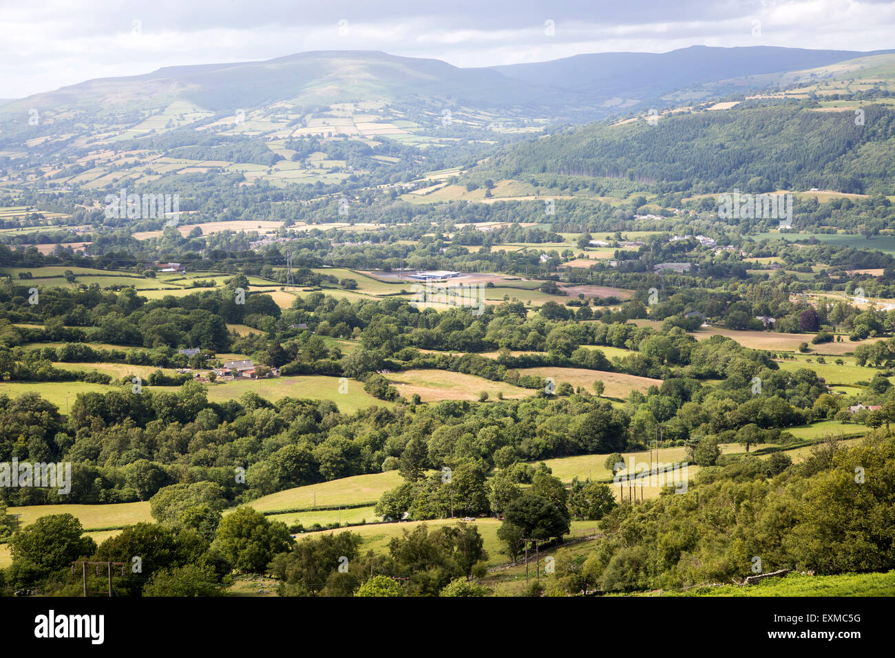 Usk valley landscape looking north west  from B4246 road, near Abergavenny, Monmouthshire, Wales, UK Stock Photo