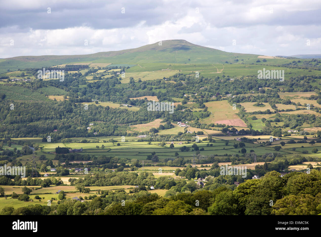 Usk valley landscape looking north to Sugar Loaf mountain, near Abergavenny, Monmouthshire, Wales, UK Stock Photo