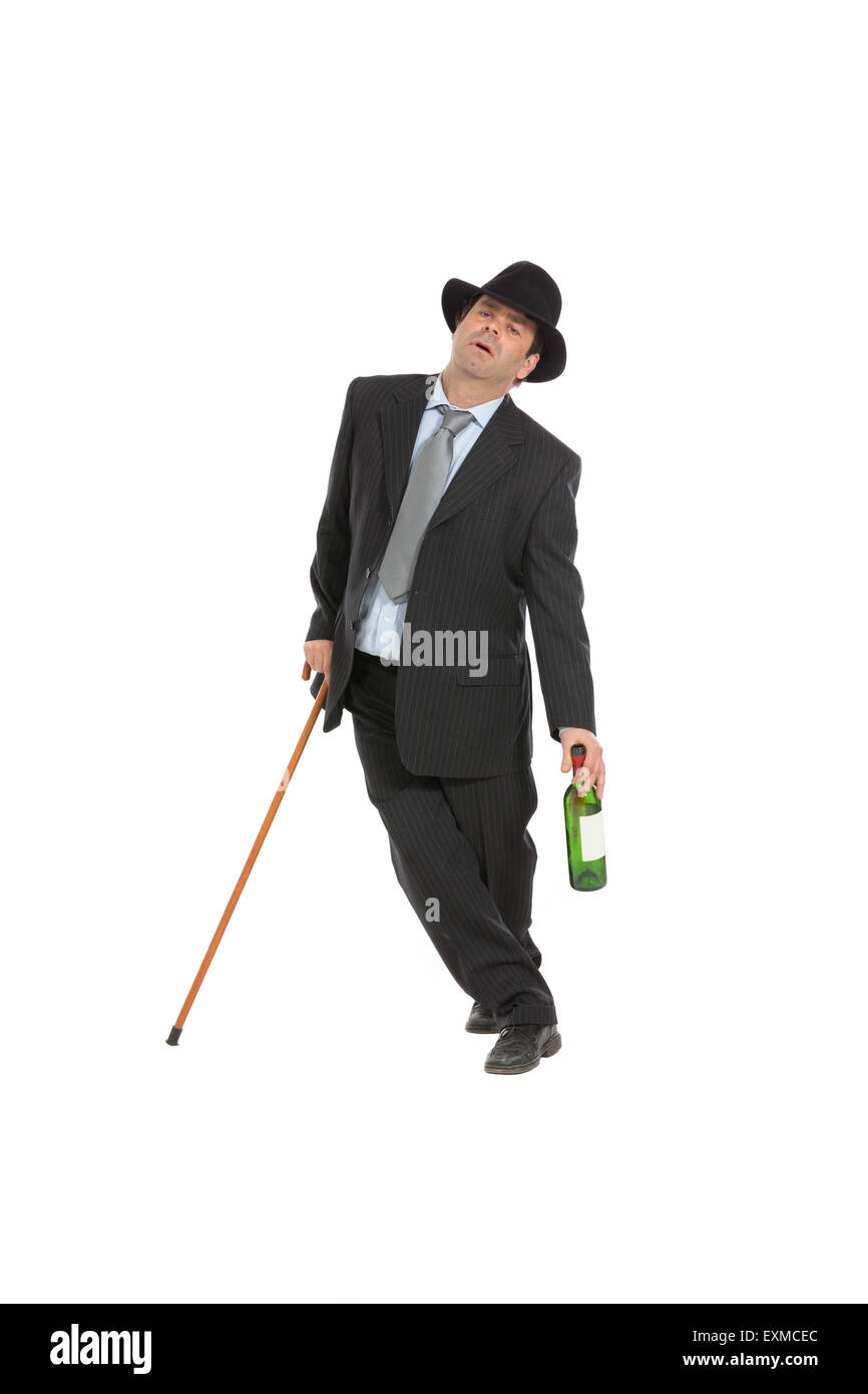 drunk man with hat, isolated over white background Stock Photo