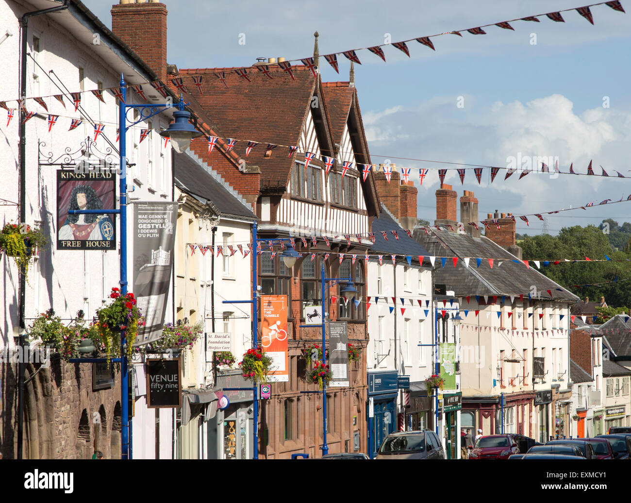 Frontages of historic buildings in town centre of Abergavenny