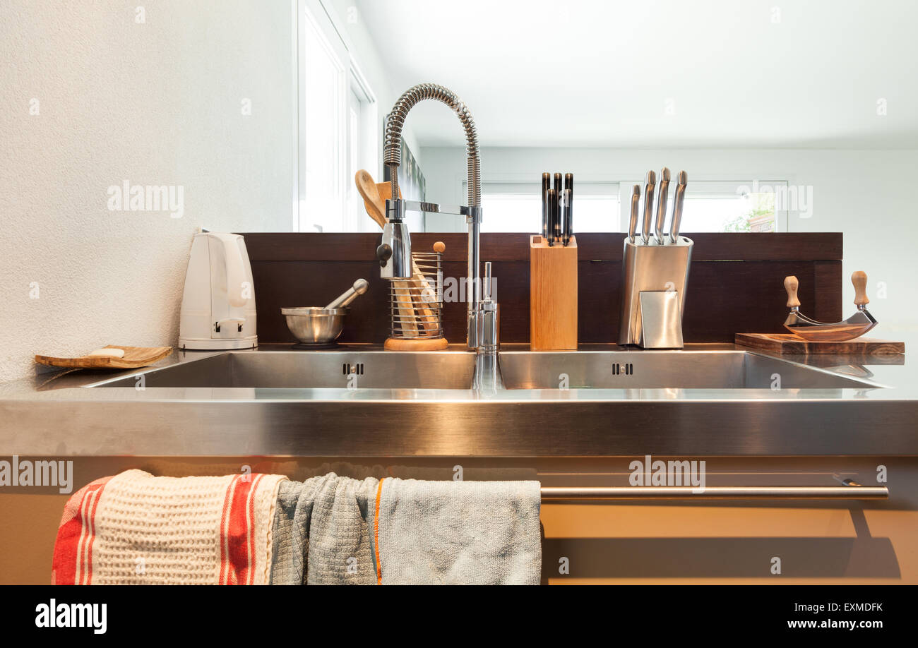 Architecture, detail modern kitchen, stainless steel sink Stock Photo ...