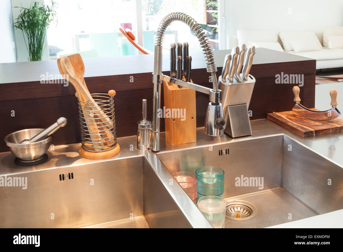 Architecture, detail modern kitchen, stainless steel sink Stock Photo