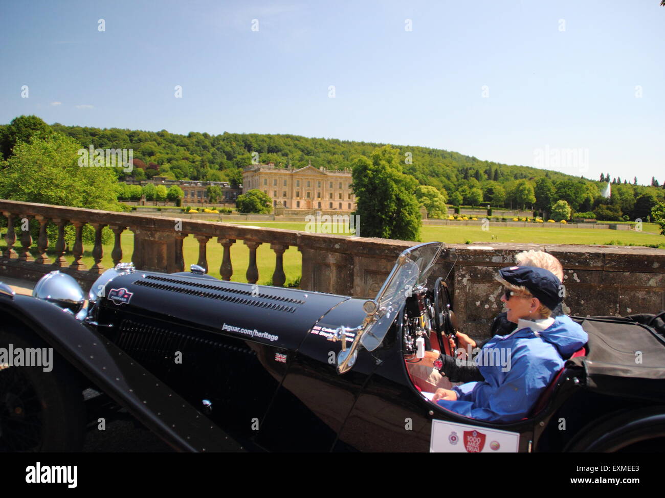 Peak District, Derbyshire, UK. 15 July 2015. The Royal Automobile Club 1000 Mile Trail 2015 passes through the parkland surrounding Chatsworth House (pictured) in the Peak District, Derbyshire on a glorious summer day. Credit:  Deborah Vernon/Alamy Live News Stock Photo