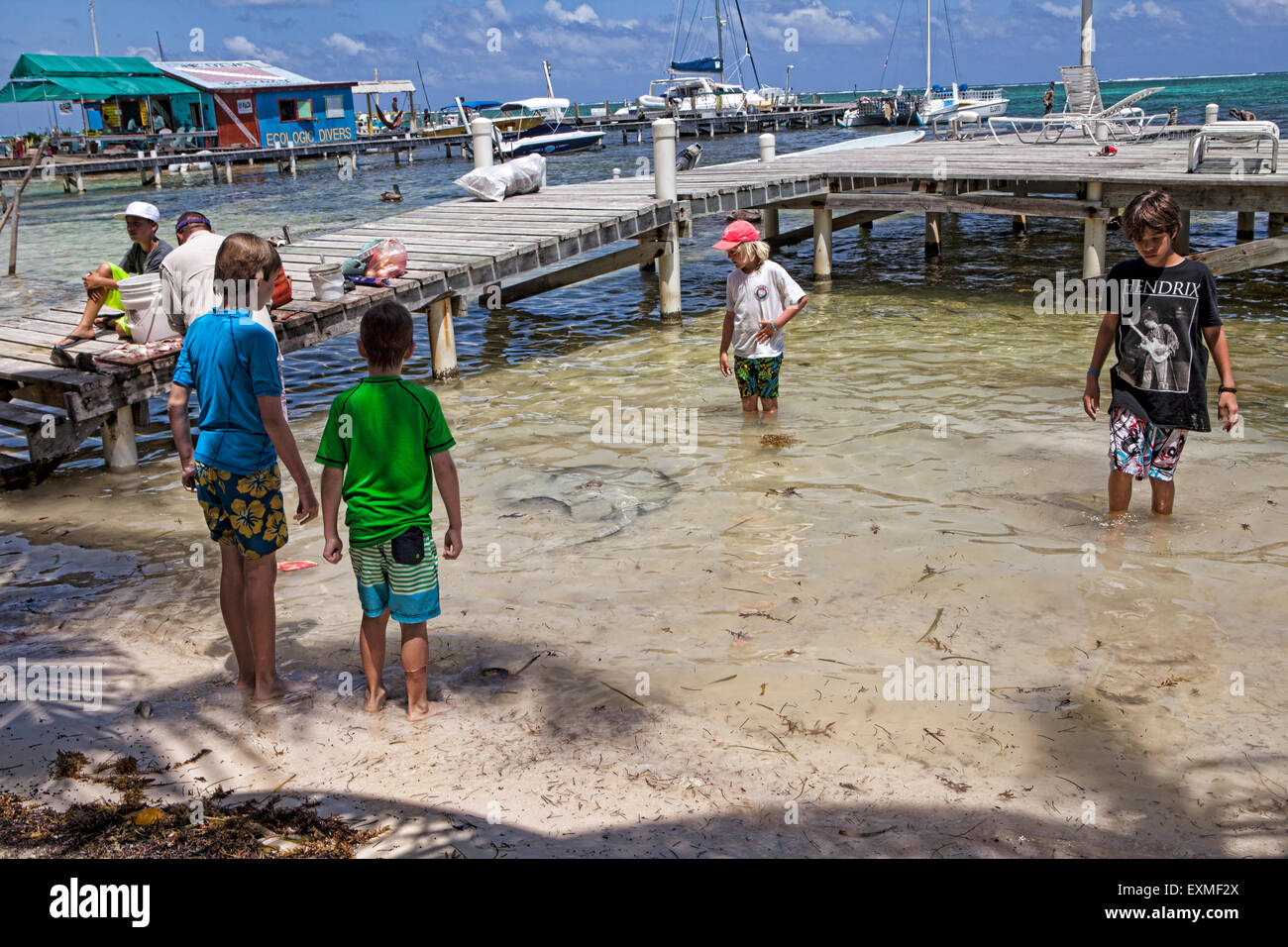 Locals cleaning fish at the docks, feeding the Blue Rays while children watch in San Pedro, Ambergris Caye, Belize. Stock Photo