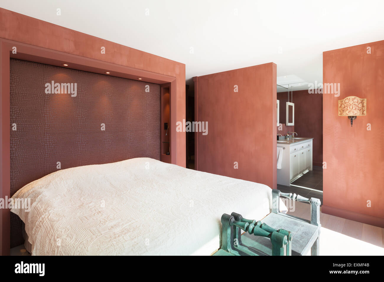 View of modern architecture, Interior, beautiful penthouse, bedroom Stock Photo ...