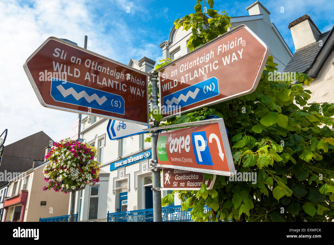 Signpost for Wild Atlantic Way in Dungloe or Dunglow a Gaeltacht town in County Donegal, Ireland. Stock Photo