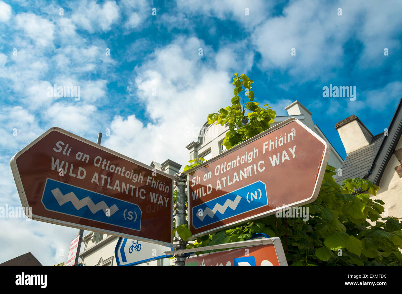 Signpost for Wild Atlantic Way in Dungloe or Dunglow a Gaeltacht town in County Donegal, Ireland.  The Rosses Stock Photo