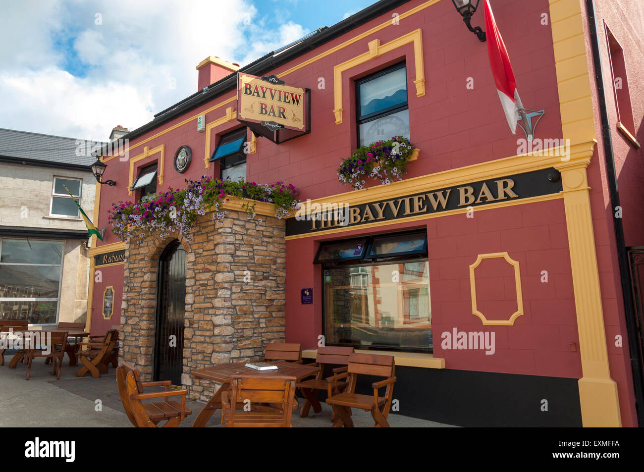 Bayview Bar in An Clochán Liath, Dungloe or Dunglow, is a Gaeltacht town in County Donegal, Ireland. Stock Photo