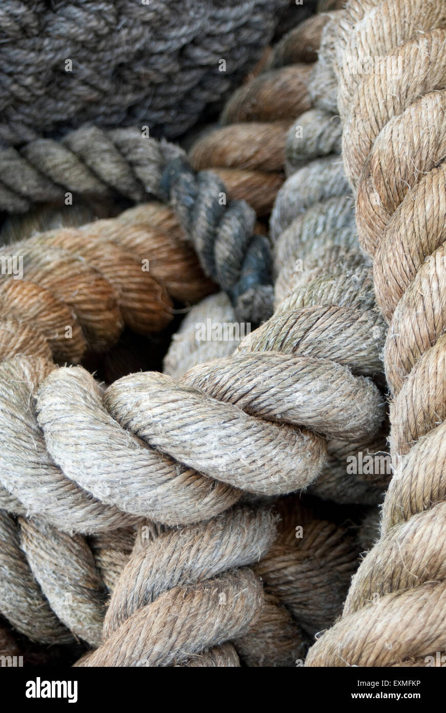 Close up image of thick coils of rope as used on the SS Great Britain ship Stock Photo