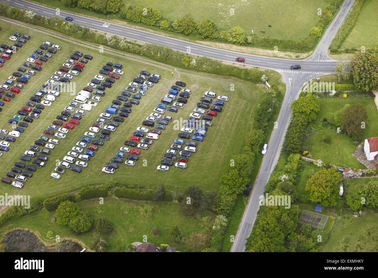 Aerial view of a festival car park in the South Downs nr Lewes on the South Coast in Sussex, UK, as seen from a microlight above Stock Photo