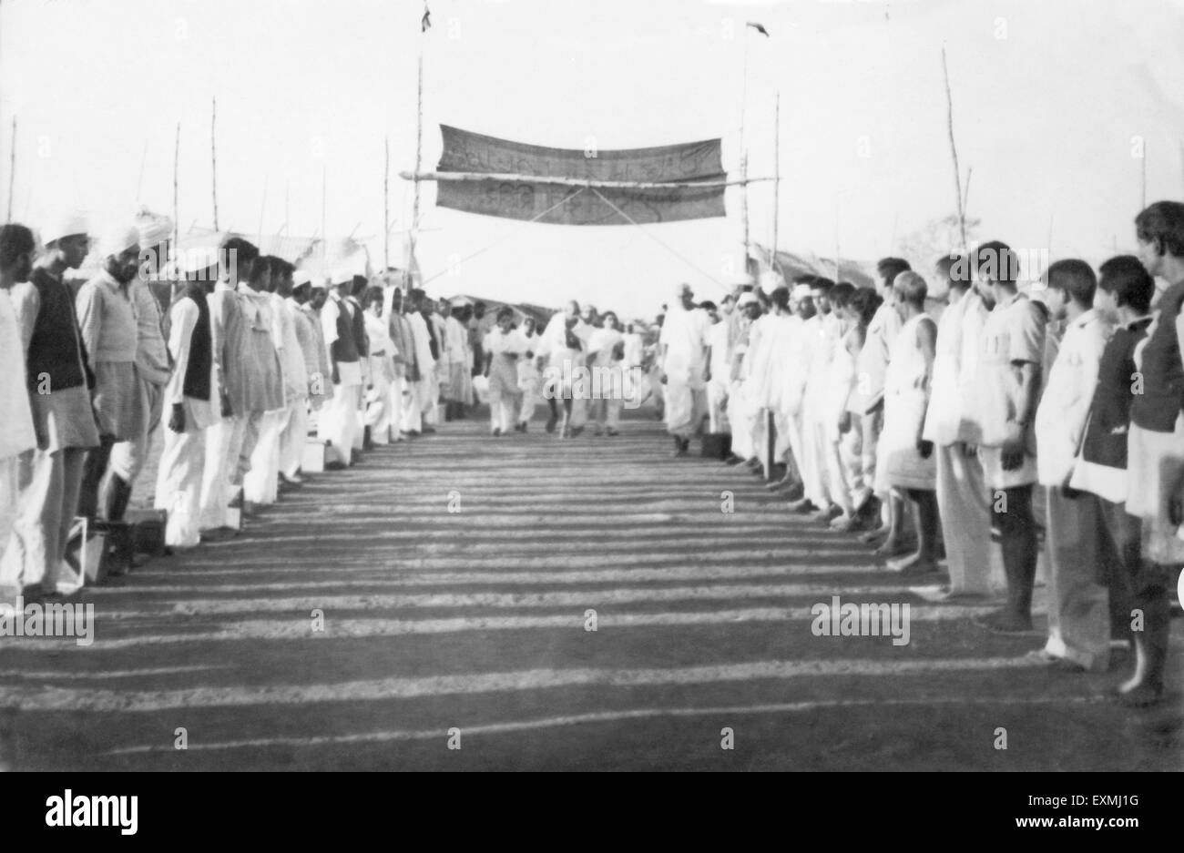 Mahatma Gandhi welcome, Sevagram Ashram, Sewagram, Wardha, Nagpur, Maharashtra, 1944, India, Asia, old vintage 1900s picture Stock Photo