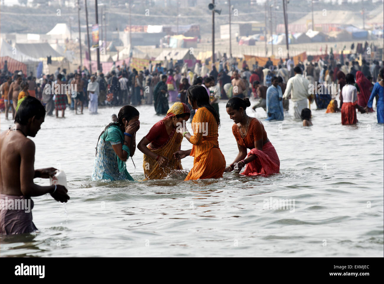 Pilgrims bathing ; Ardh Kumbh Mela ; Kumbh Mela ; Kumbha Fair ; Sangam ; Allahabad ; Ilahabad ; Prayagraj ; Uttar Pradesh ; India ; Asia Stock Photo
