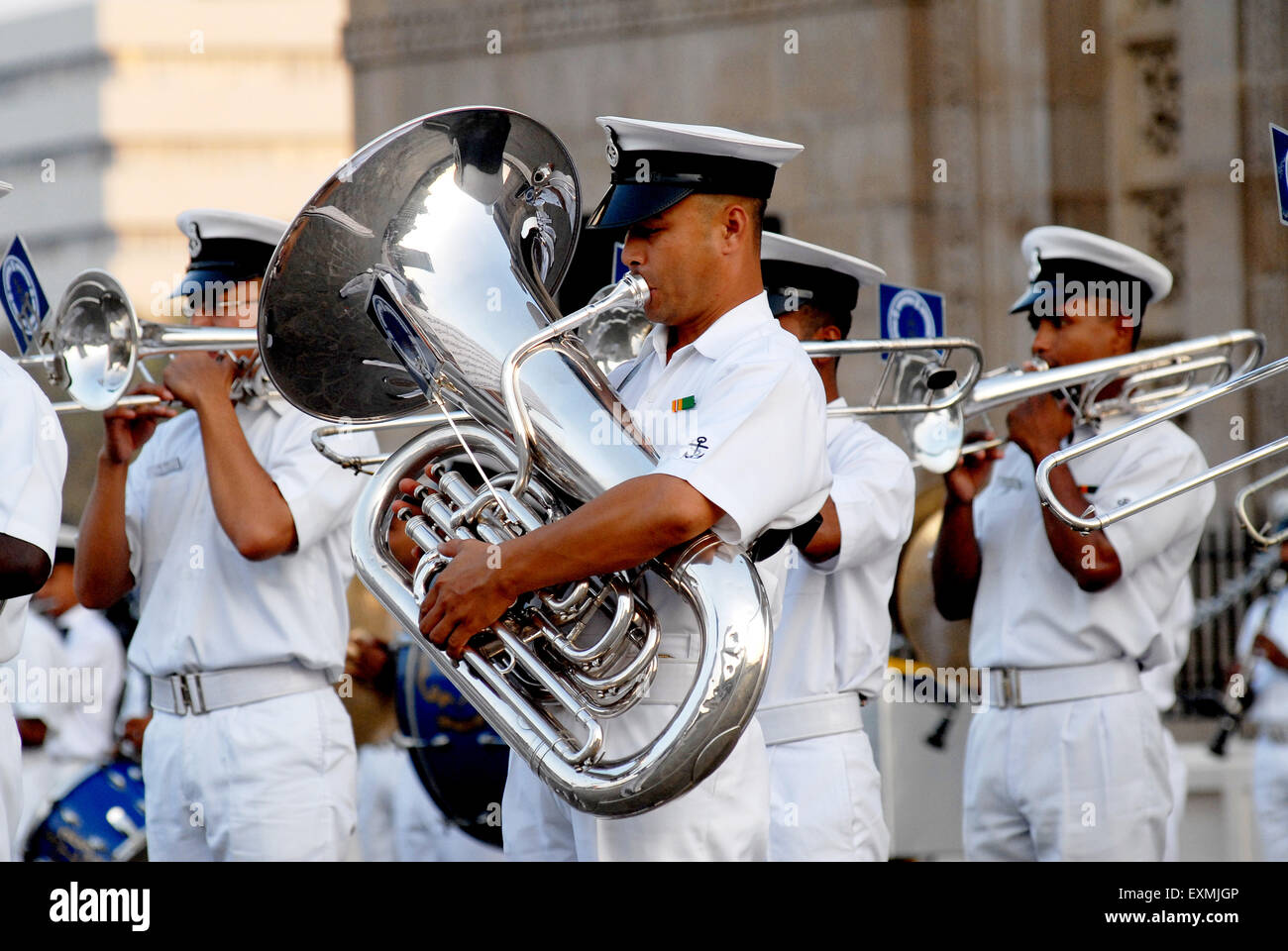 Indian Navy musical band perform beating retreat at Gateway of India in Bombay Mumbai; Maharashtra; India Stock Photo