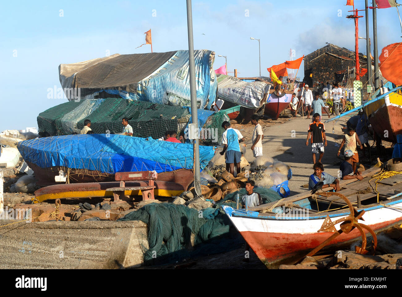 Fishing boats covered with plastic sheets ; Worli Village ; Worli