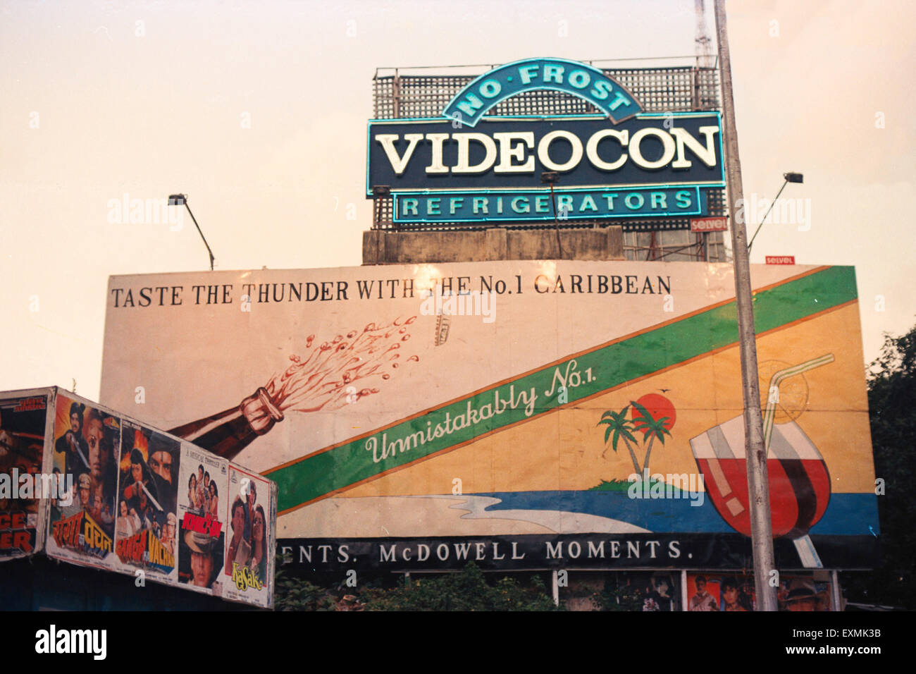 Hoardings, Billboards, Videocon, McDowell, cinema posters, Ganga Vachan, Kasak, Bombay, Mumbai, Maharashtra, India, Asia Stock Photo