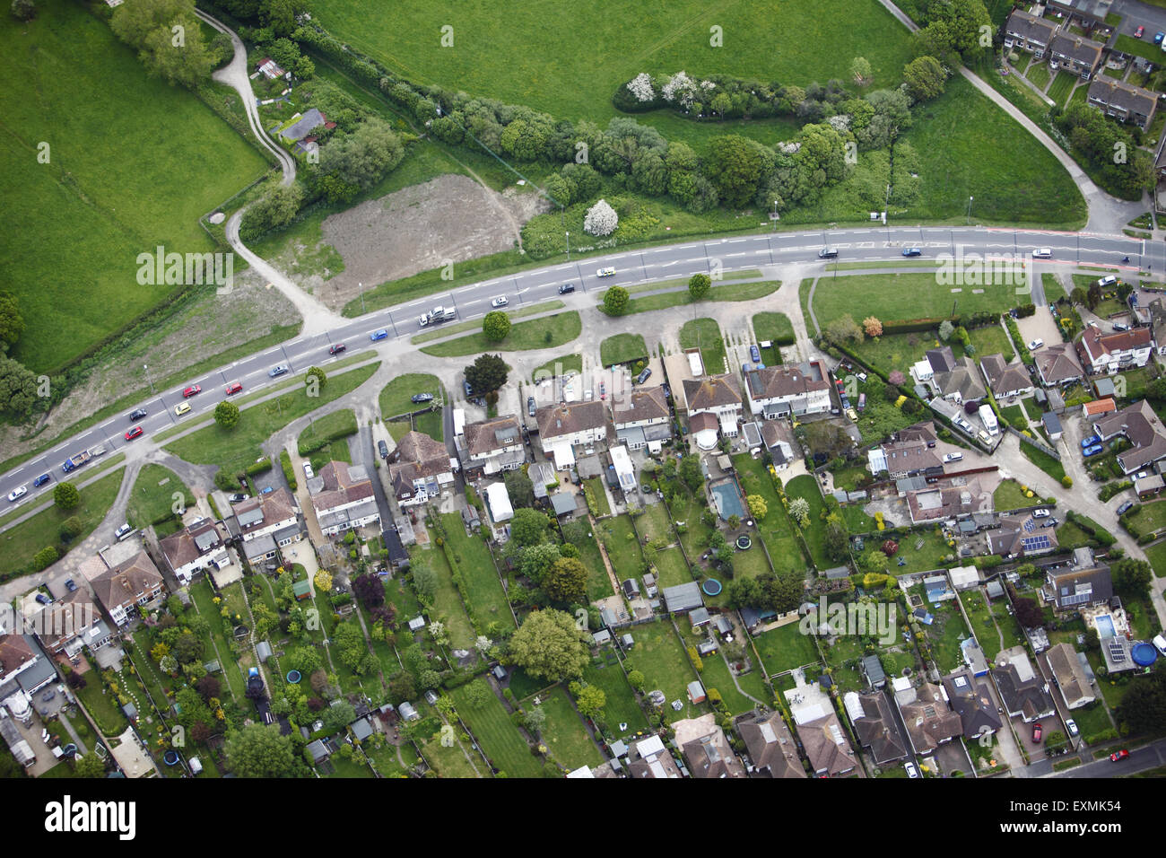 Aerial photographs from a microlight of the South Downs and a suburb of Eastbourne showing an A road and housing, UK Stock Photo