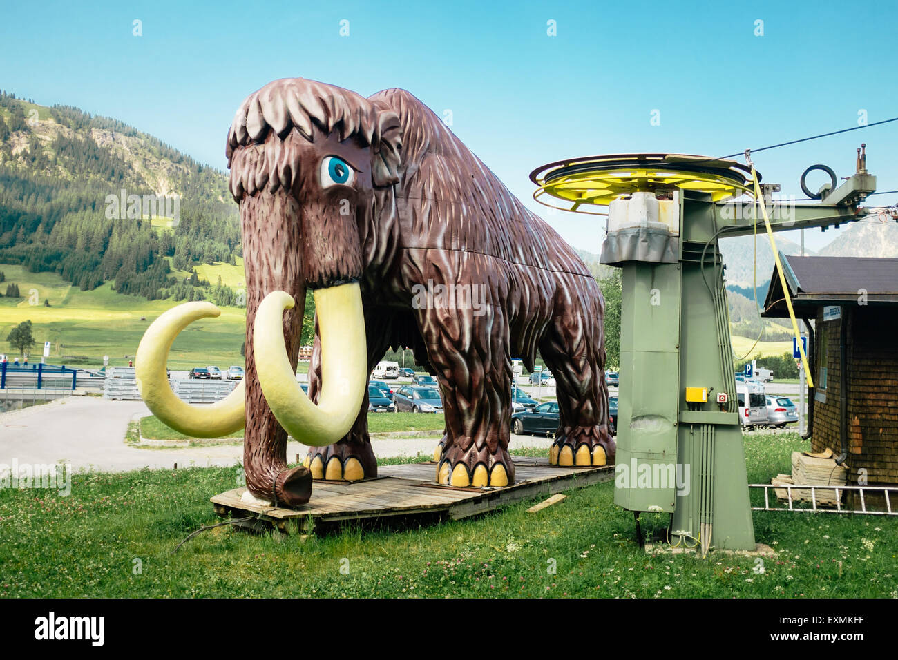 A plastic mammoth next to a ski lift in Tannheim, Tannheimer Tal, Tirol, Austria Stock Photo