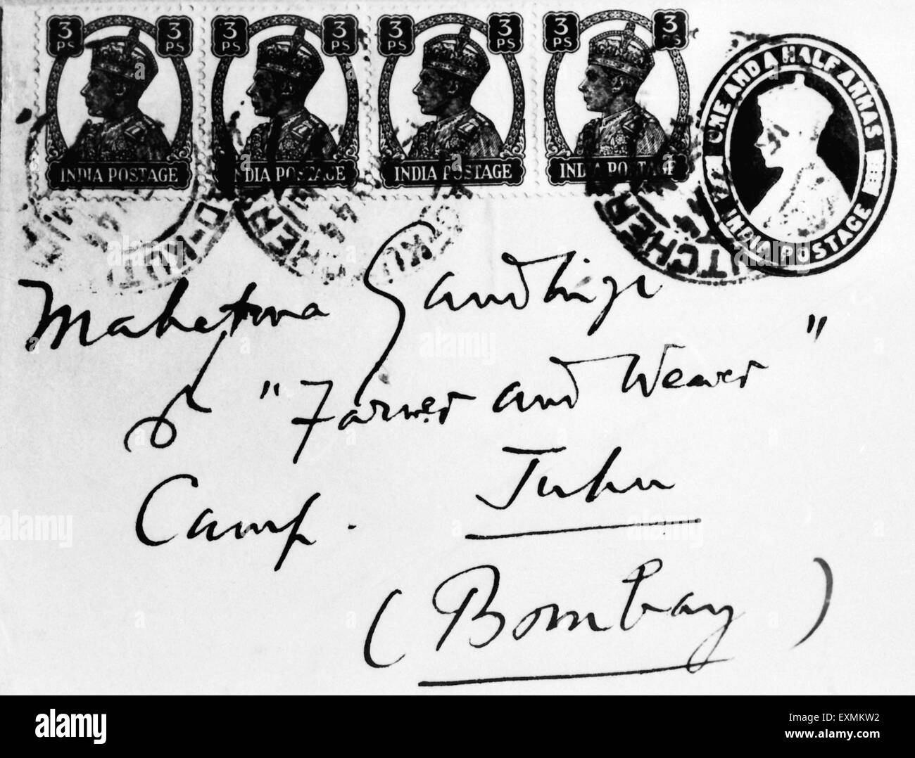 An envelope addressed to Mahatma Gandhi ; Farmer and Weaver ; 1944 ; India NO MR Stock Photo