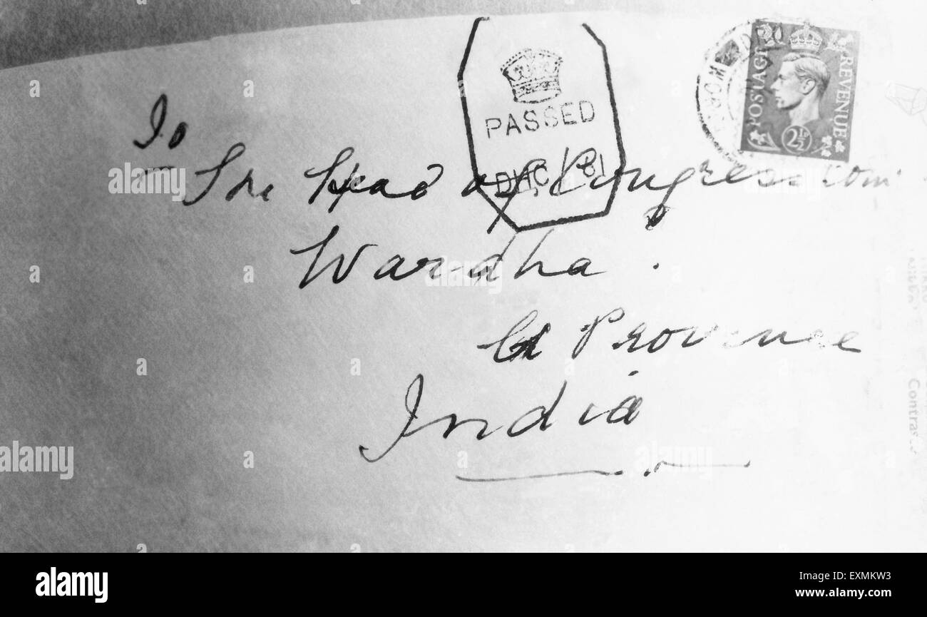 An envelope addressed to Mahatma Gandhi ; 1944 ; India NO MR Stock Photo