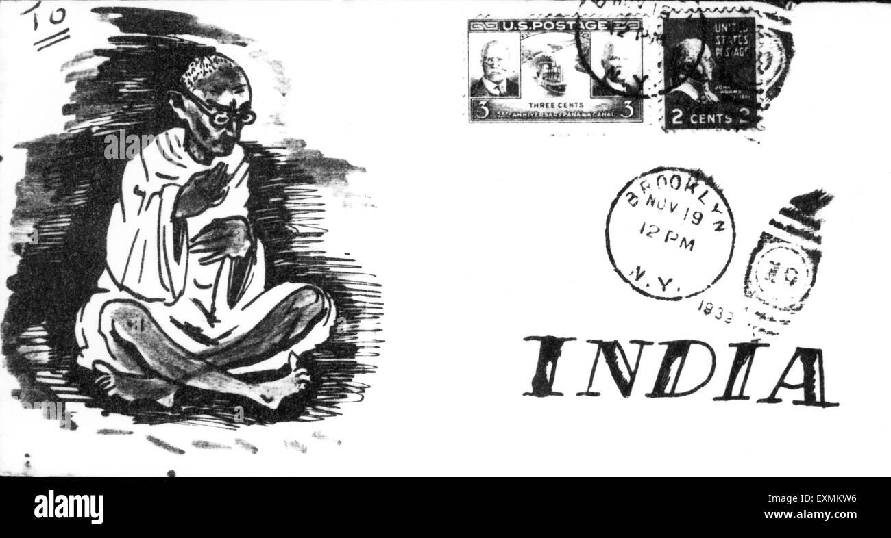 An envelope sent to Mahatma Gandhi from USA showing a drawing of Mahatma Gandhi instead of an address ; 1940 ; India NO MR Stock Photo