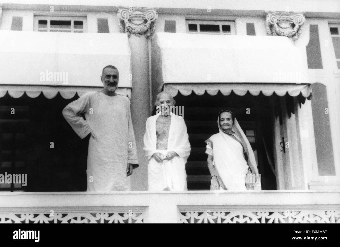 Khan Abdul Gaffar Khan ; Mahatma Gandhi and Kasturba Gandhi standing on a balcony ; Mumbai ; 1940 ; India NO MR Stock Photo