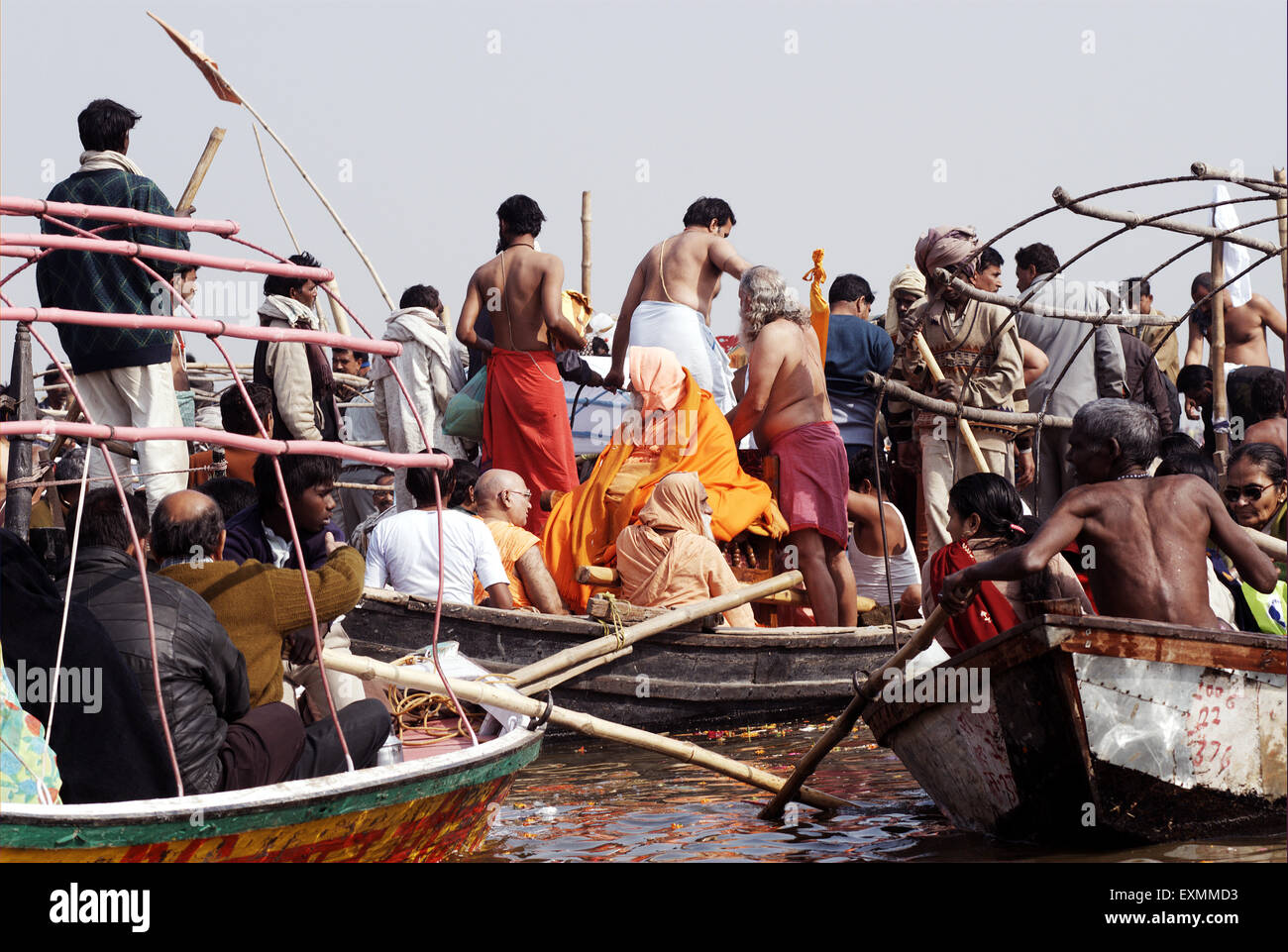 Pilgrims gather confluence Ganges Yamuna mythical Saraswati rivers take holy dip Ardh Kumbh Mela Allahabad Stock Photo