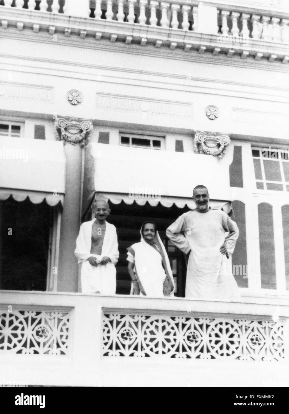 Mahatma Gandhi ; Kasturba Gandhi and Khan Abdul Gaffar Khan standing on a balcony ; Mumbai ; 1940 ; India NO MR Stock Photo