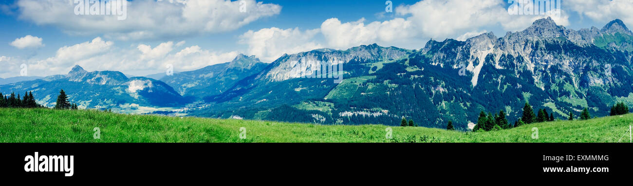 Tannheimer Tal panorama with Lumberger grat and Rote Fluh, Austria, Tirol Stock Photo
