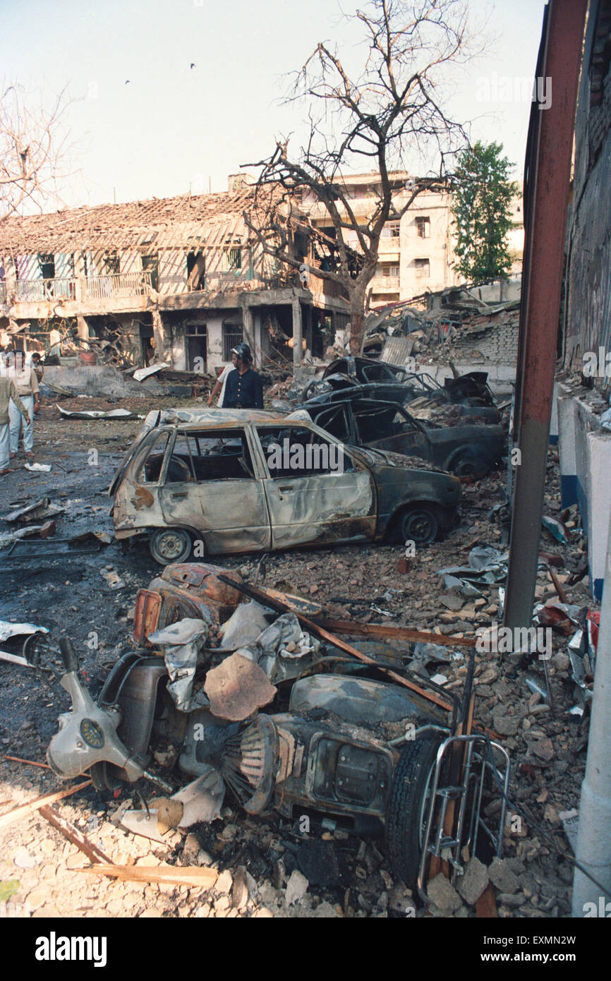 cars damaged destroyed burnt terror bomb blast explosion cetury bazaar worli 1993 Bombay Mumbai Maharashtra India Stock Photo