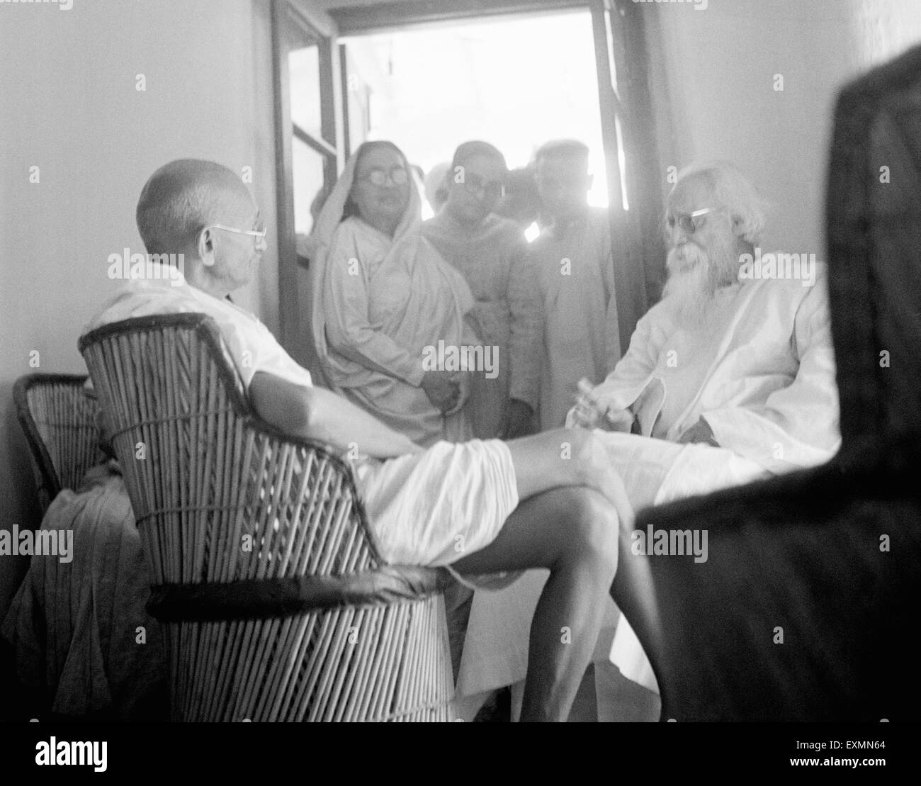 Mahatma Gandhi and Rabindranath Tagore at Shantiniketan ; February 1940 ; India NO MR Stock Photo