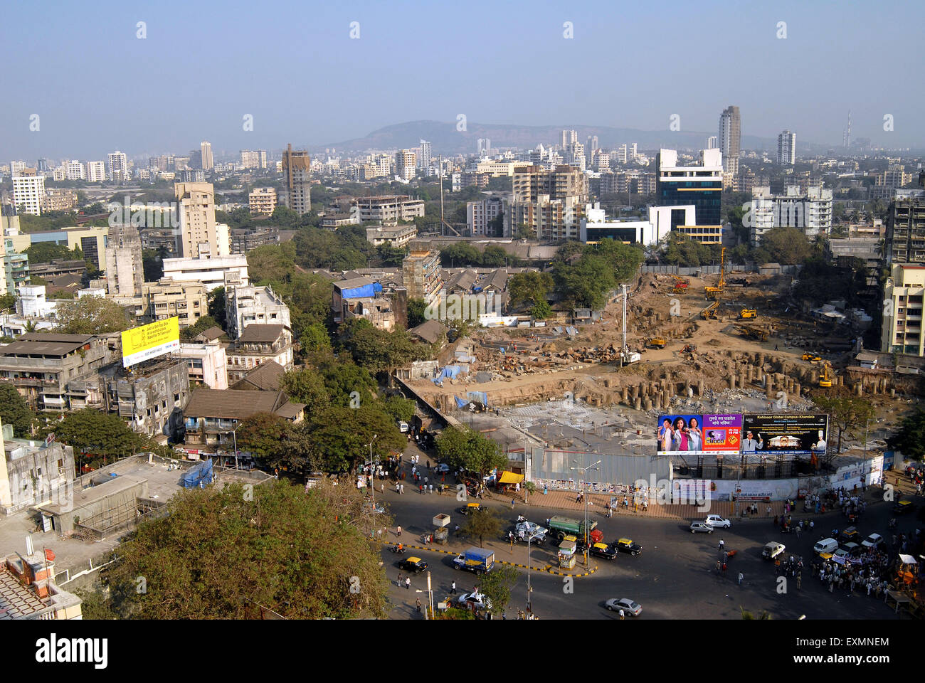 Aerial view demolished Kohinoor Mills for redevelopment, near Sena Bhavan, Dadar, Bombay, Mumbai, Maharashtra, India, Asia Stock Photo