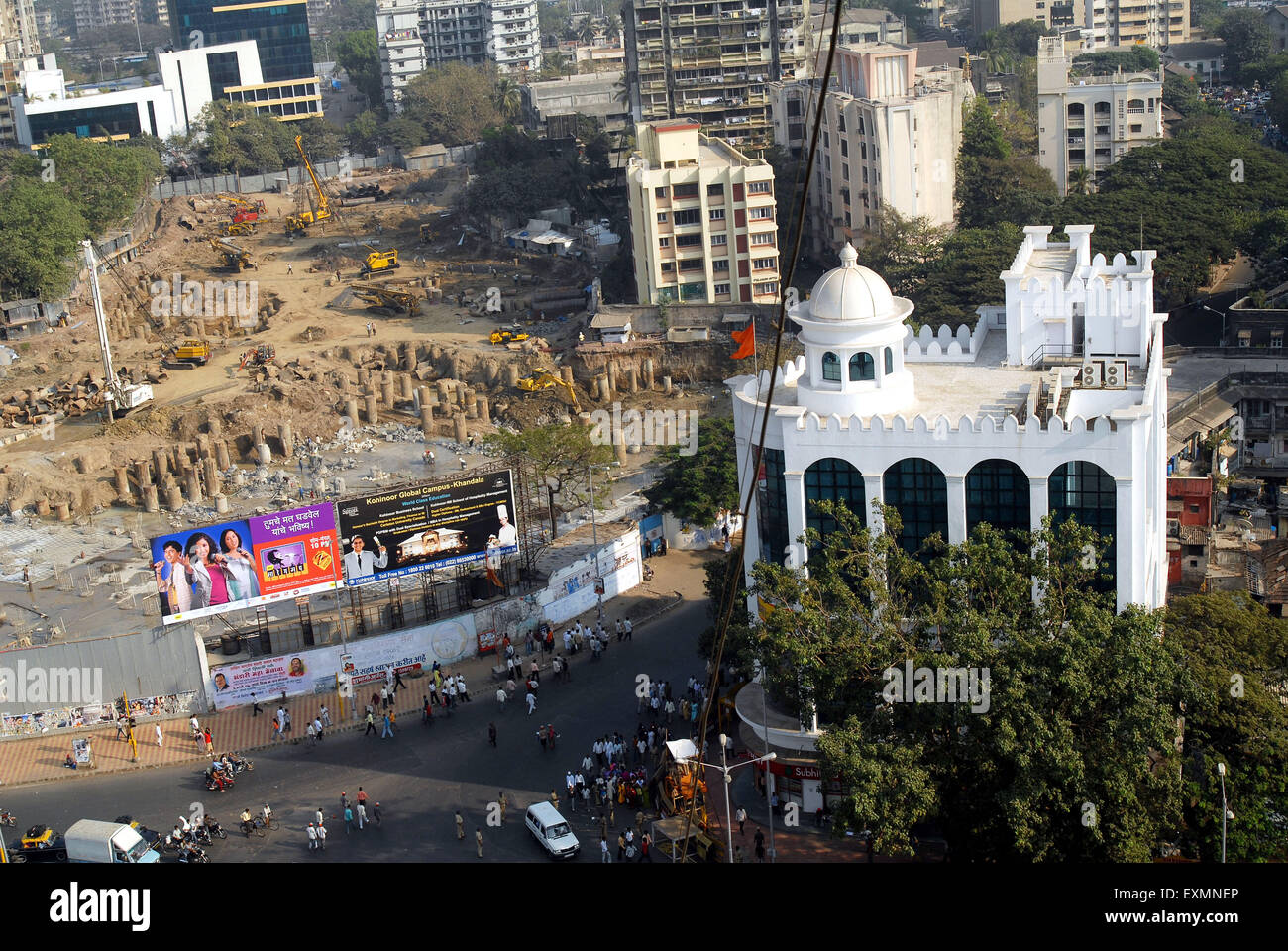 Aerial view demolished Kohinoor Mills for redevelopment, near Sena Bhavan, Dadar, Bombay, Mumbai, Maharashtra, India, Asia Stock Photo