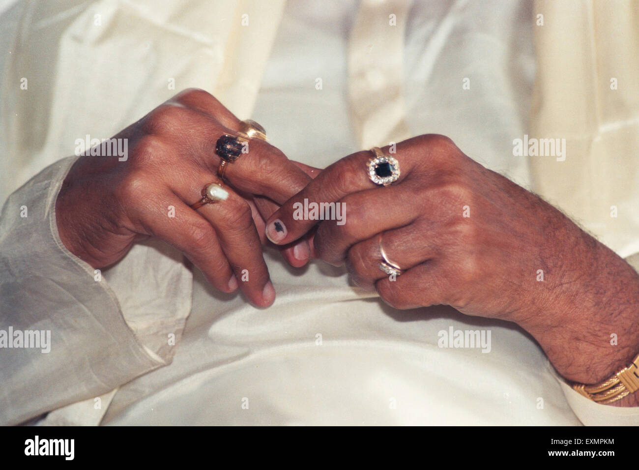 Indian filmmaker politician N. T. Rama Rao hands wearing rings in many fingers Stock Photo