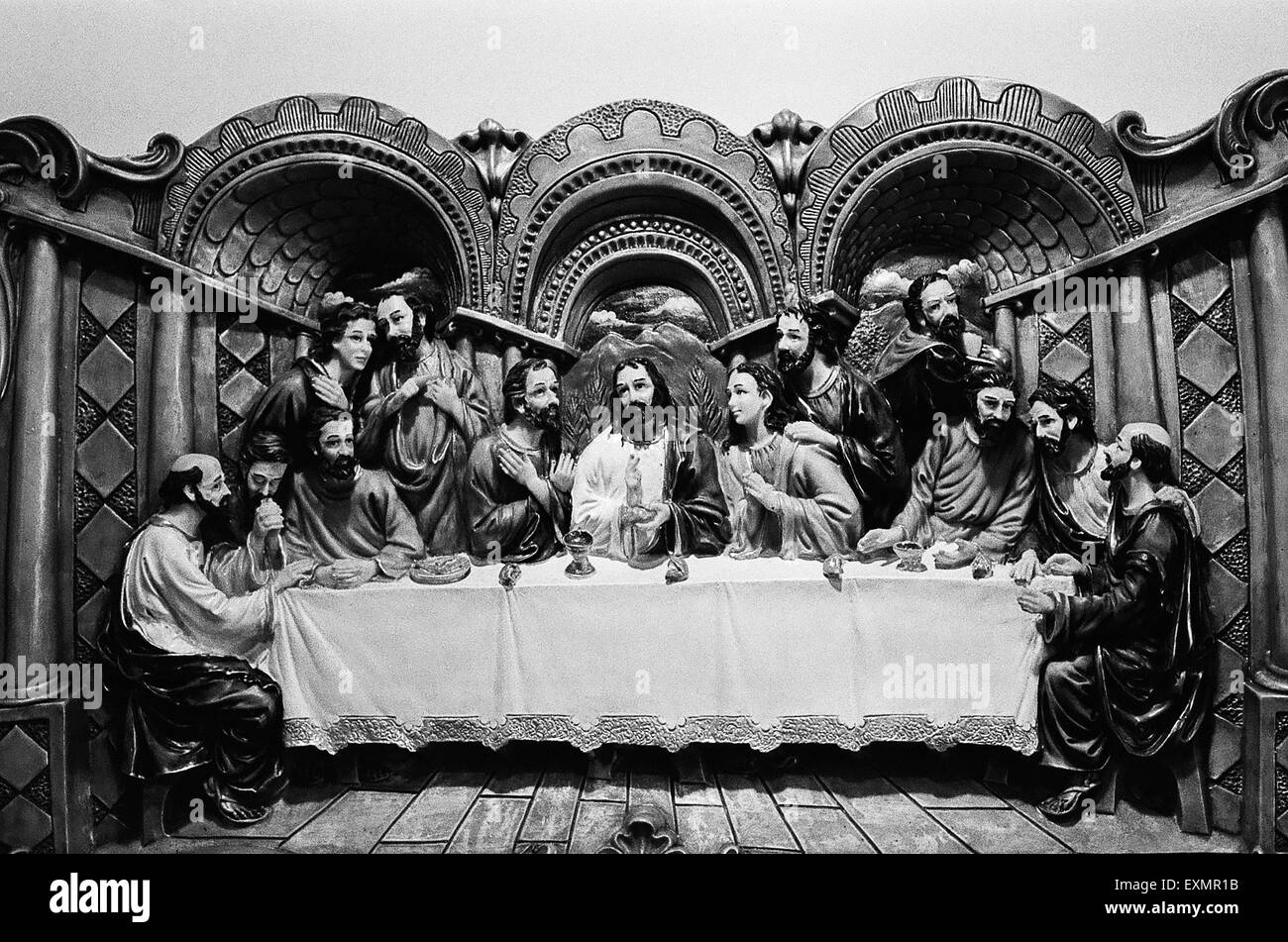 Last supper three dimension mural in catholic home Stock Photo
