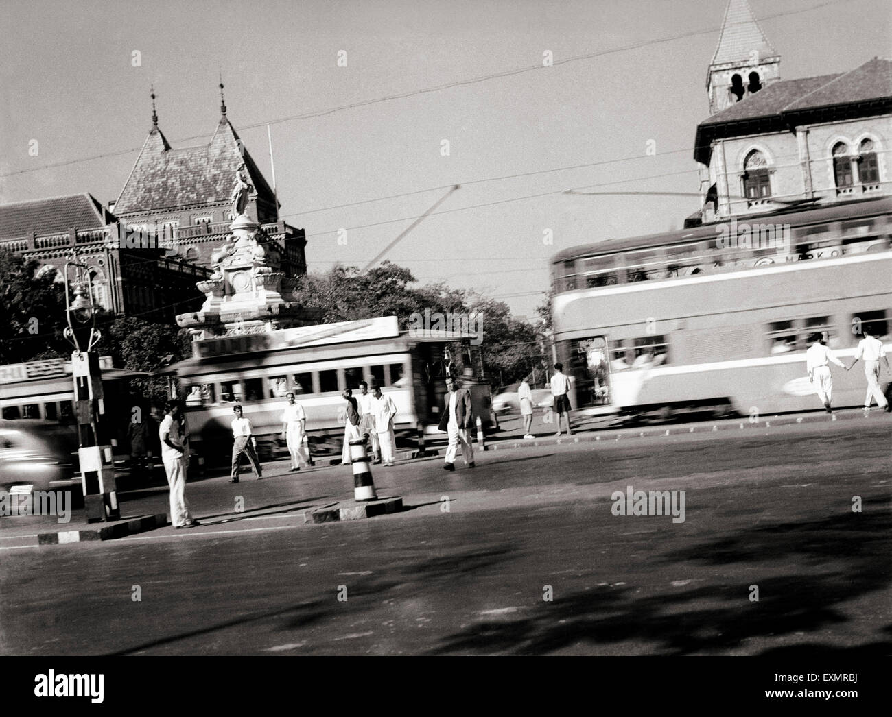 Flora Fountain with trams ; Bombay ; Mumbai ; Maharashtra ; India ; Asia ; old vintage 1900s picture Stock Photo