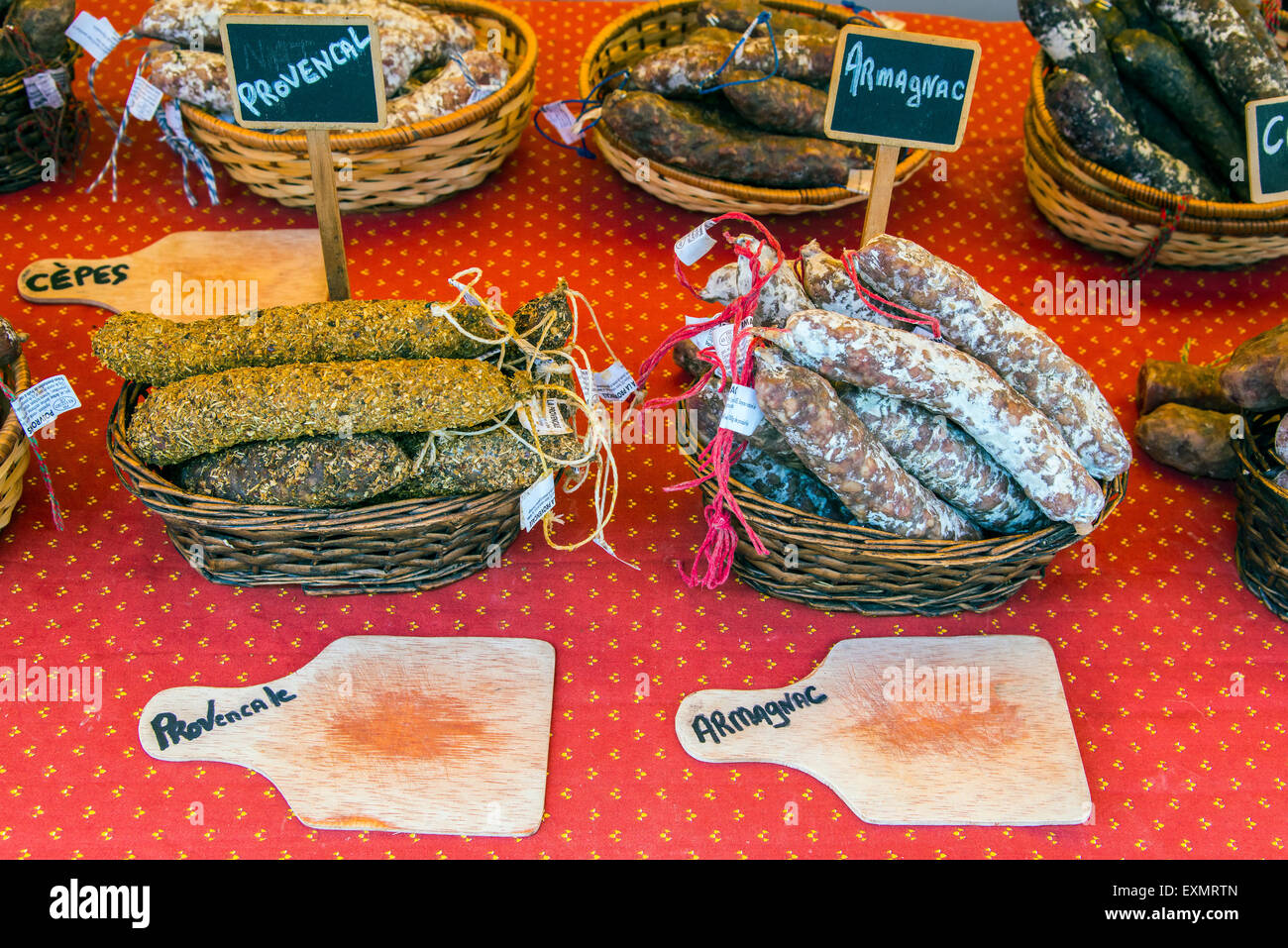 Local sausages or saucisson on sale at the market, Carpentras, Provence, France Stock Photo