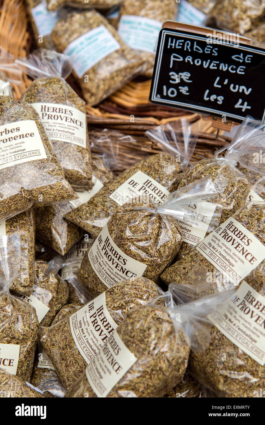Herbs of Provence sachets on sale at the market, Carpentras, Provence, France Stock Photo