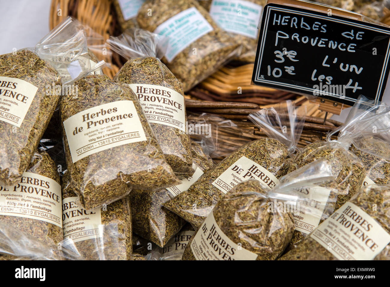 Herbs of Provence sachets on sale at the market, Carpentras, Provence, France Stock Photo