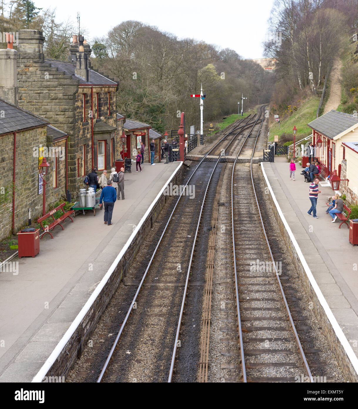 View from the bridge, overlooking the railway track at Goathland, North Eastern railway station Stock Photo