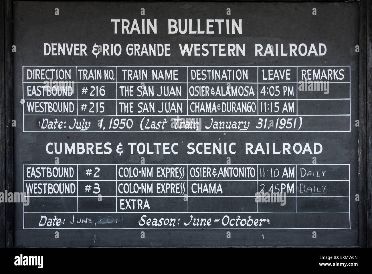 Train information board, Cumbres Pass station, Cumbres & Toltec Scenic