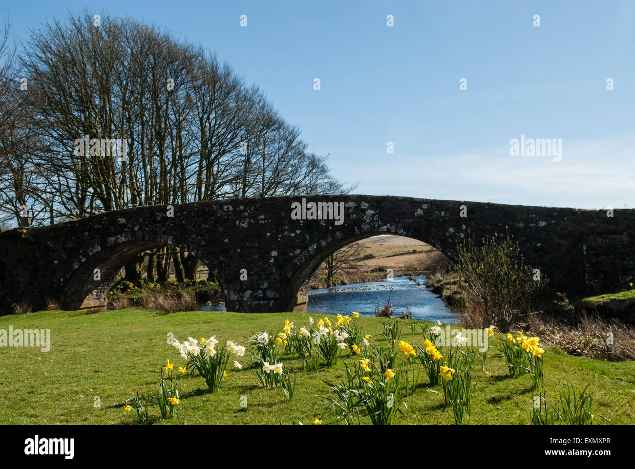 Three Bridges, Devon, England. Ancient bridge over stream with
