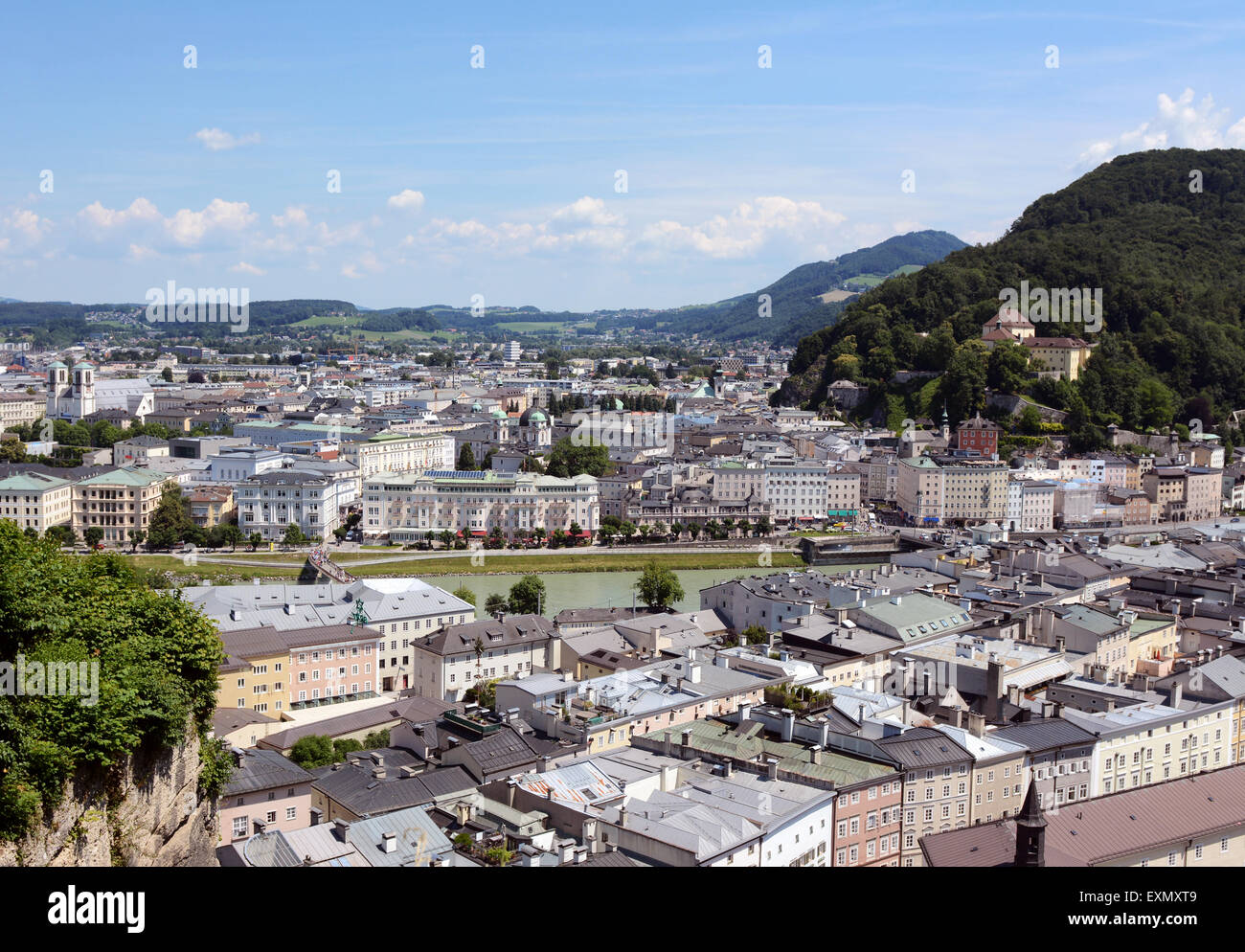 View across the European city of Salzburg in Austria. Looking east over ...