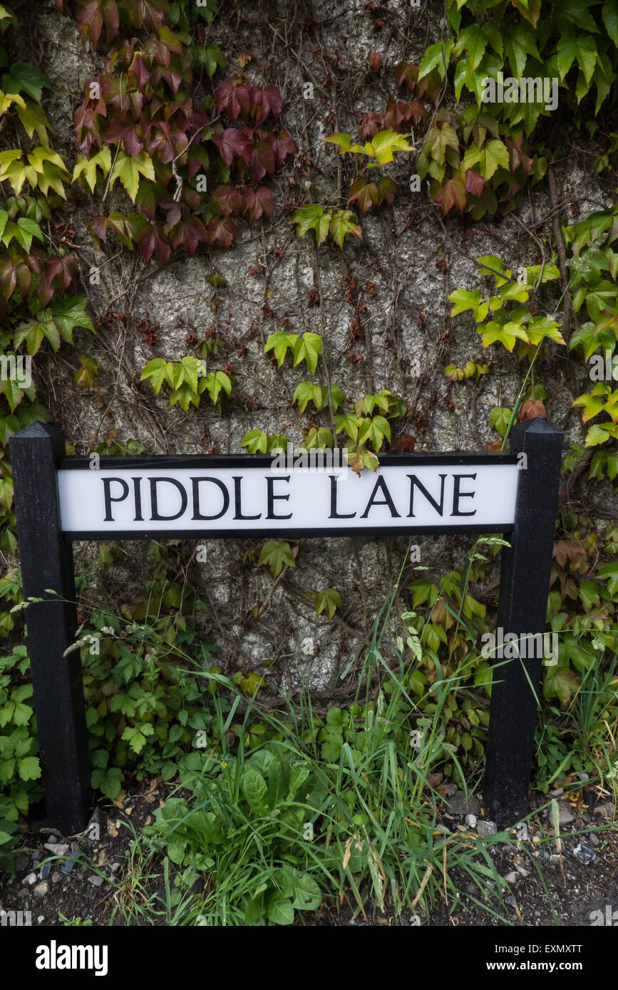 Cerne Abbas, Dorset, England. Piddle lane road sign. Stock Photo