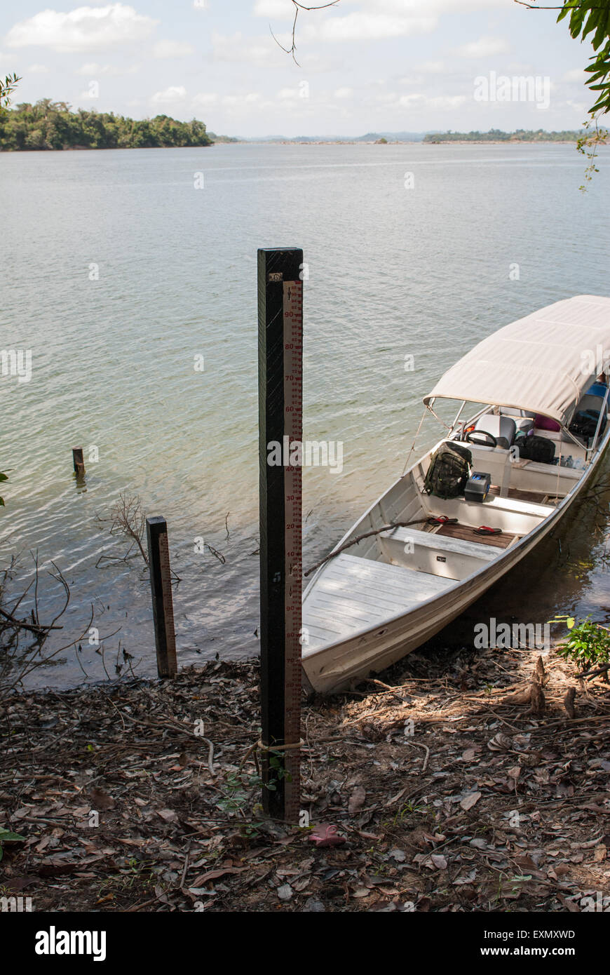 Xingu River, Para State, Brazil. Researcher's boat. Stock Photo