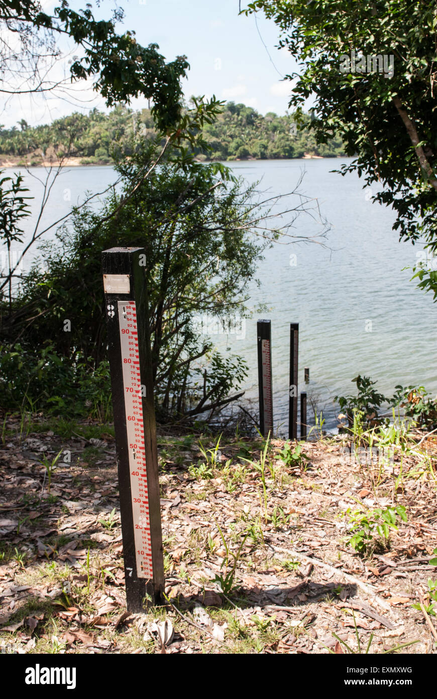 Xingu River, Para State, Brazil. Water level measurement for dam construction. Stock Photo